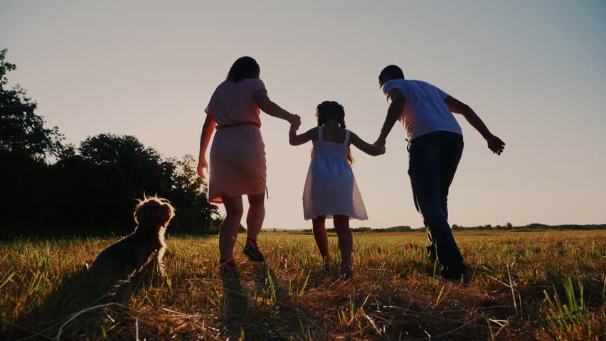 happy family running in the park. dad and mom silhouette throw up their daughter up holding hands run next to a dog in a park in nature. friendly family running together sunset at outdoor back view Royalty-Free Stock Footage #1099006535