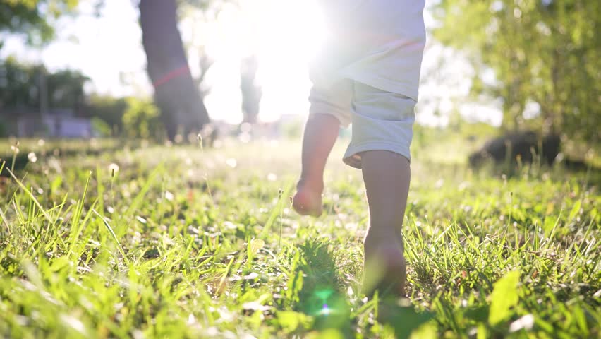 Boy kid run on grass in summer in park. Feet close up on green grass in sun. Kid dream in nature. Children play in the park on vacation. Active child jogging on a picnic in summer in a park in nature | Shutterstock HD Video #1099009005