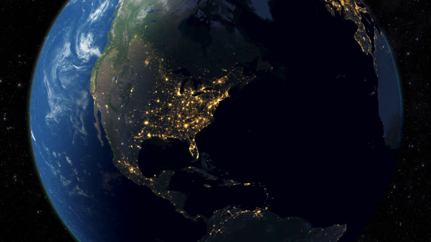 Realistic Earth rotating. Day to night transition as seen from space. Glowing bright cities lights shine at North America.united states of america map.North america map. | Shutterstock HD Video #1099009179