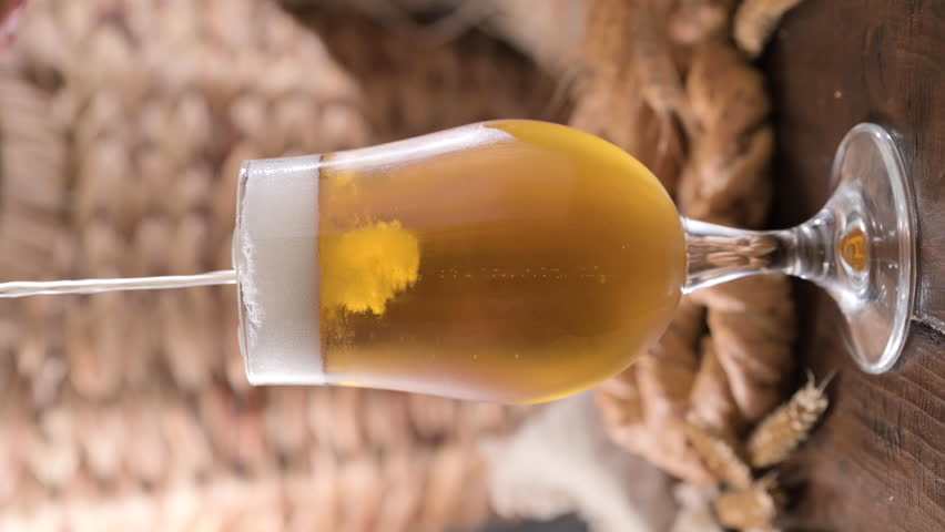 Pouring beer into the glass. Wheat spikelets with one mugs of beer on wooden background. Cold lager beer. Craft beer forms waves. Freshness and foam.Nearby are Neapolitan taralli from Italy. vertical