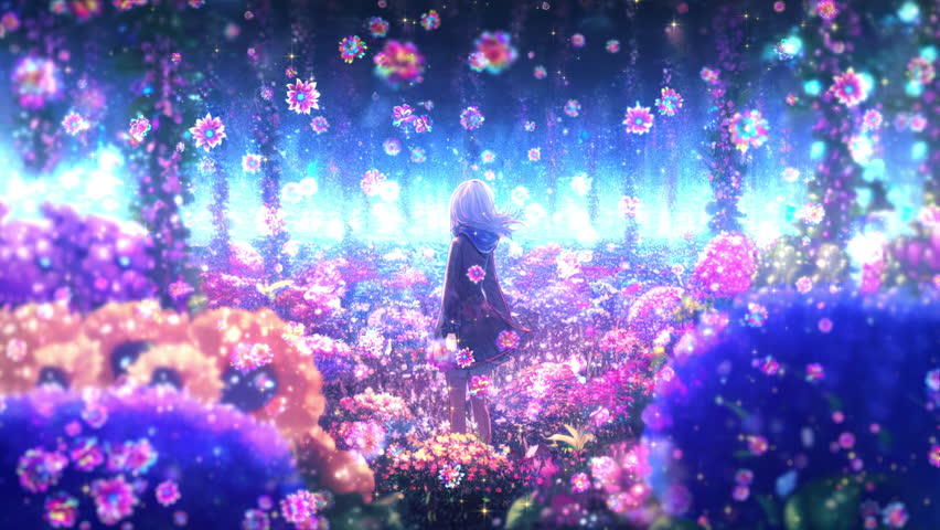 Anime Girl in the Garden Among Colorful Flowers. 4k Background  Royalty-Free Stock Footage #1099011671