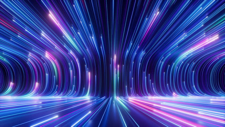 Cycled 3d animation. Abstract background with ascending colorful neon lines, glowing trails