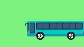 Cartoon Bus driving animation 4k on green screen. Transit city bus travel vehicle for public transportation and tour. moving Coach bus and tourist Bus stop.