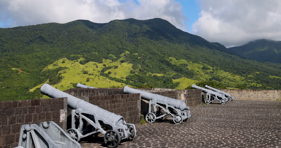 BRIMSTONE FORTRESS, ST KITTS - 23 DEC 2022: St Kitts Caribbean Brimstone Hill Fortress canons mountain. Fort is a National Park and UNESCO World Heritage Site. Cruise ship vacation destination.