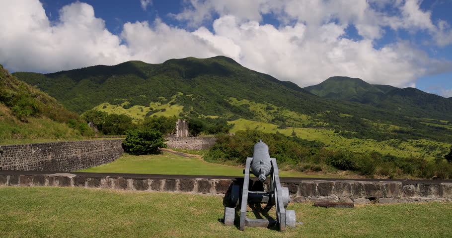 BRIMSTONE FORTRESS, ST KITTS - 23 DEC 2022: St Kitts Caribbean historic canon Brimstone Hill Fortress. Fort is a National Park and UNESCO World Heritage Site. Cruise ship vacation destination.