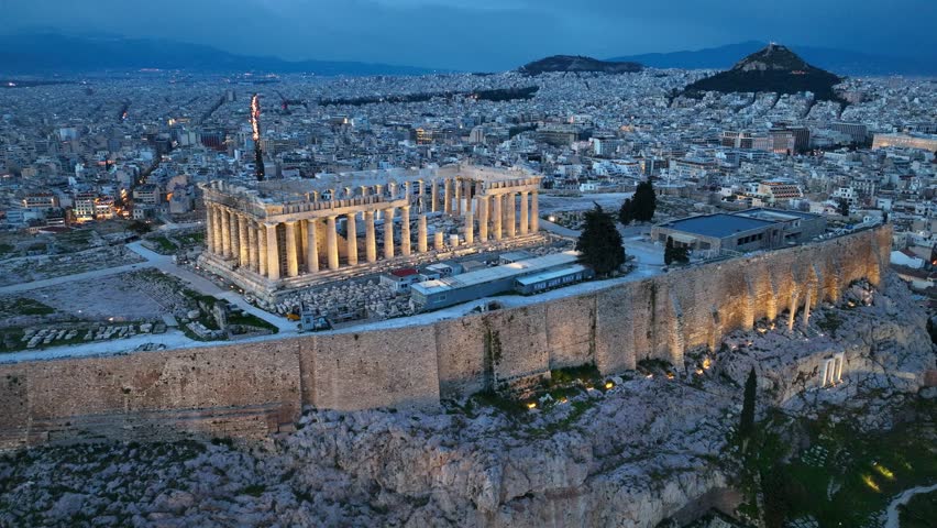 Night view of ancient acropolis in Athens, classic Greek architecture, famous landmark in the capital of Greece, iconic view of the city of Athens. High quality 4k footage Royalty-Free Stock Footage #1099018341