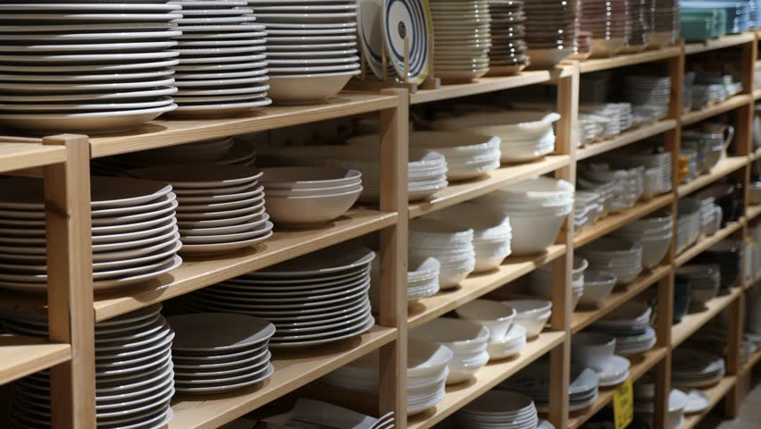 Crockery, porcelain, utensils and other different stuff on shop | Shutterstock HD Video #1099019359