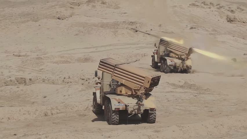 Syria, Deir ez-Zor. Offensive government troops. Shooting the Russian jet system bm-21 grad.