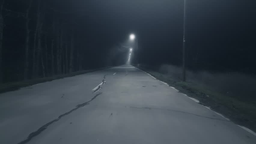 A trip on a rural forest road in a fog at night, flying drone video Royalty-Free Stock Footage #1099027495