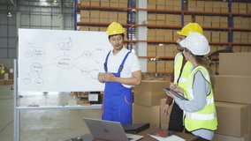 Teamwork group of Asian man worker working in large warehouse retail store industry factory. Rack of stock storage. Cargo in ecommerce and logistic concept. Depot. People lifestyle. Shipment service. - Powered by Shutterstock - Get 15% off with code: PIKWIZARD15