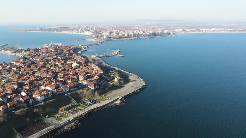 Amazing Aerial Sunrise view town of Nessebar, Burgas Region, Bulgaria 