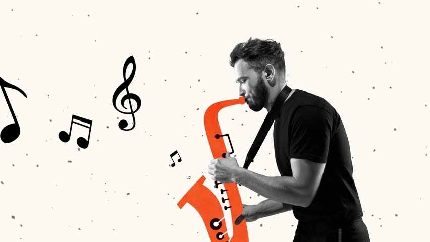 Stop motion, animation. Excited man playing hand-drawn saxophone on light background. Modern design. Conceptual, contemporary art. Soul music, festival, ad. Retro styled, surrealism, fashionable.
