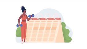Animated workout schedule. Weight loss routine. Looped 2D cartoon flat character on white with alpha channel transparency for web design. 4K video footage. Regular exercises concept animation
