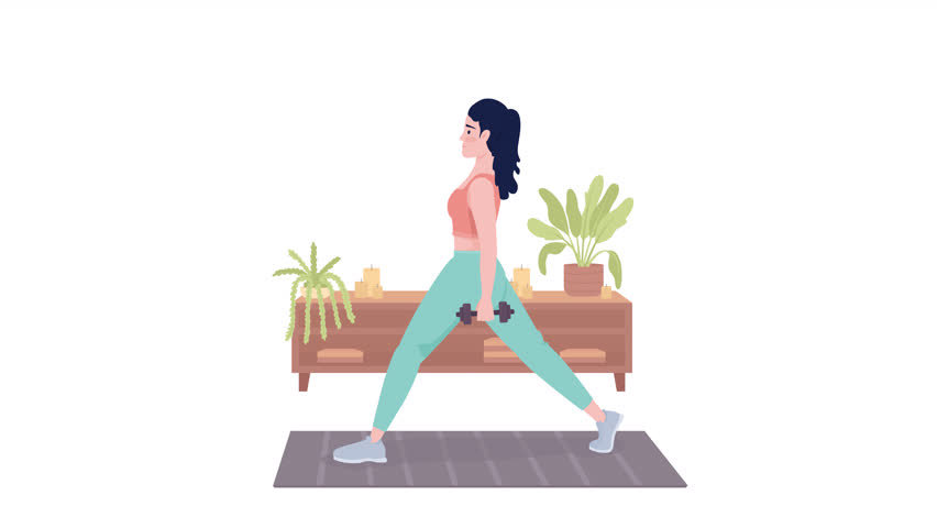 Animated girl squatting with weight. At home workout. Full body flat person on white background with alpha channel transparency. Colorful cartoon style 4K video footage of character for animation