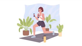 Animated woman doing dynamic lunges. Stretching. Looped flat 2D character 4K video footage. Colorful isolated animation on white background with alpha channel transparency for website, social media