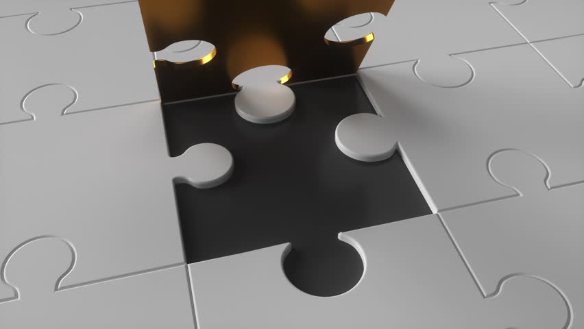 3d white jigsaw puzzle one tile out. Last piece golden color goes to finish the game, fit in, success, problem solved, mission completion, correct solution concept, business presentation.  Royalty-Free Stock Footage #1099036399