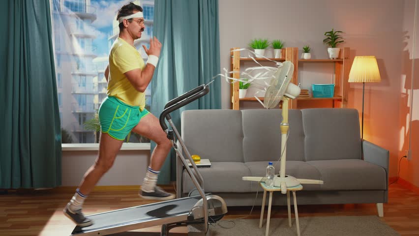 funny athlete with a mustache running treadmill in the living room Royalty-Free Stock Footage #1099042161