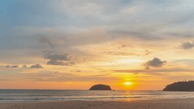timelapse colorful bright sky of sunset in the chanel of island at Kata beach Phuket.
panorama sweet sky in sunset above Pu island.
4k stock footage video in travel concept. bright sky background