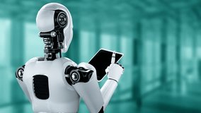 Robot hominoid using tablet computer for big data analytic using AI thinking brain , artificial intelligence and machine learning process for the 4th fourth industrial revolution . 3D rendering. - Powered by Shutterstock - Get 15% off with code: PIKWIZARD15