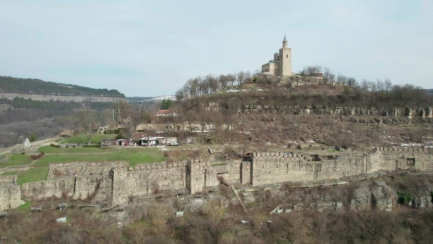 Aerial view of Tsarevets Fortress in Veliko Tarnovo, Bulgaria. The capital city of the Second Bulgarian Empire