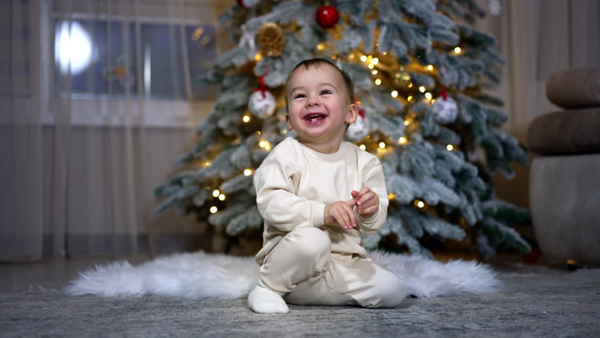 Happy beautiful excited kid waving his hands. Baby sits on the floor rejoicing and laughing adorably. Christmas tree at backdrop.