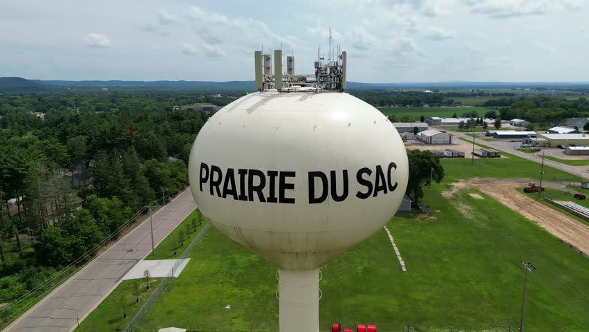 Prarie Du Sac Water tower in Wisconsin USA during Summer of 2022 in a green field