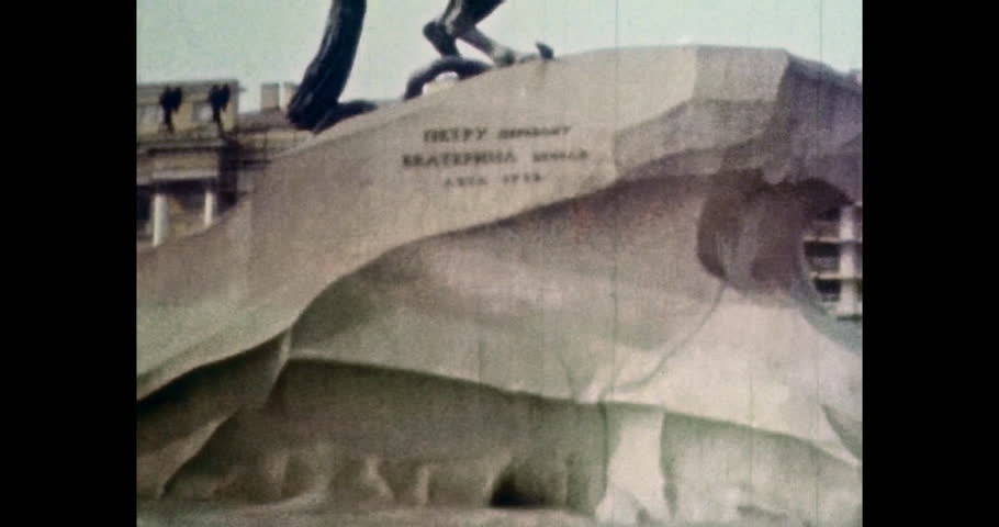 Monument emperor Peter great, bronze horseman, Saint Petersburg, Russia. Architecture landmark. No people. 1980s archives. Vintage color video. Retro, historic archive. Archival 4k overscan footage