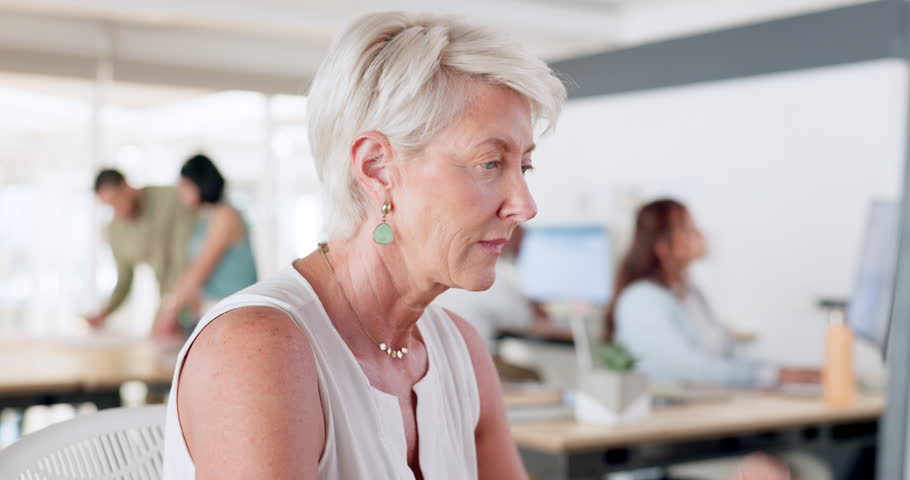 Stress, headache and senior business woman in office feeling pain, migraine or sick. Burnout, anxiety and tired, fatigue or exhausted elderly female employee with depression in corporate workplace. | Shutterstock HD Video #1099055027