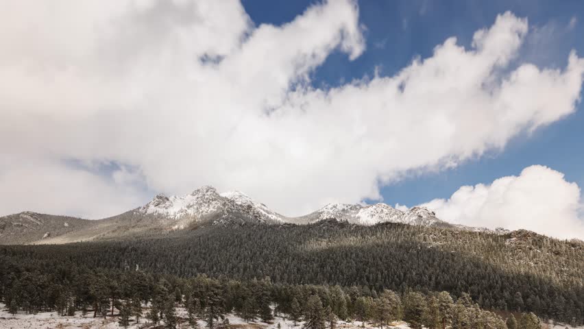 Time Lapse of the clouds moving above the snow covered mountains in the Rocky Mountains National Park in Colorado USA.