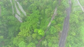 Flying over the hill in Ketep, Magelang in foggy condition. Aerial drone footage.