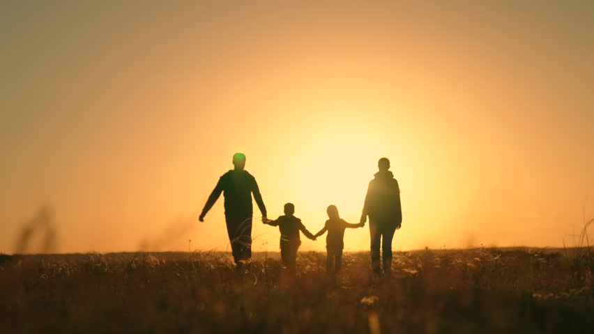 Family game, father mother child run happily holding hands. Family dream children parents, play outdoors. Mom dad with small children, nature. Happy family team, children, run together in sun in park Royalty-Free Stock Footage #1099059431