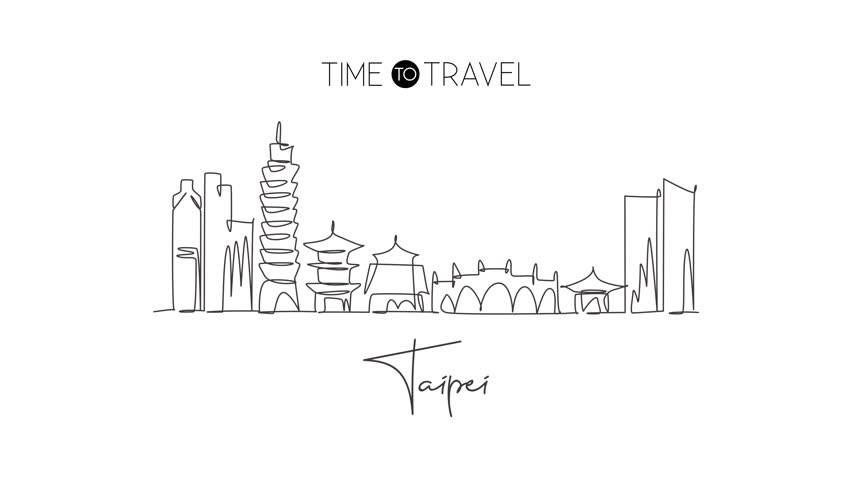 Animated self drawing of continuous line draw Taipei city skyline, Taiwan. Famous city scraper and landscape home wall decor art poster print. World travel concept. Full length one line animation.