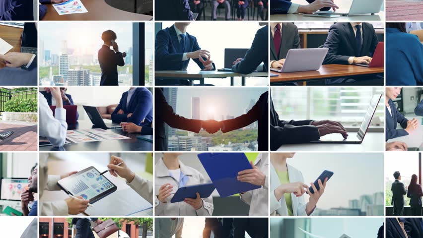 A collage of various business scenes. Transition from a shaking hands scene. Title template. Royalty-Free Stock Footage #1099061875