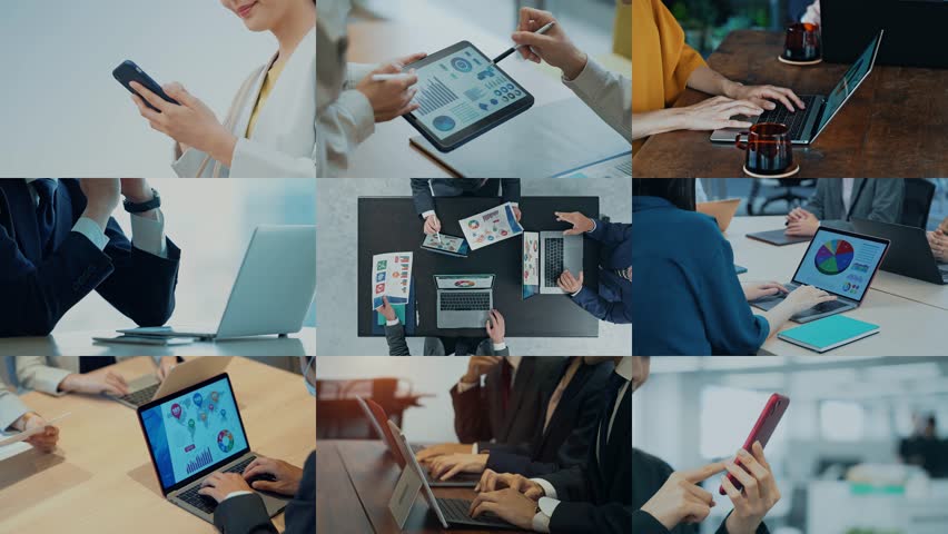 Collage of various business scenes and digital data concept. Multi screen. Scaling transition. Royalty-Free Stock Footage #1099061877