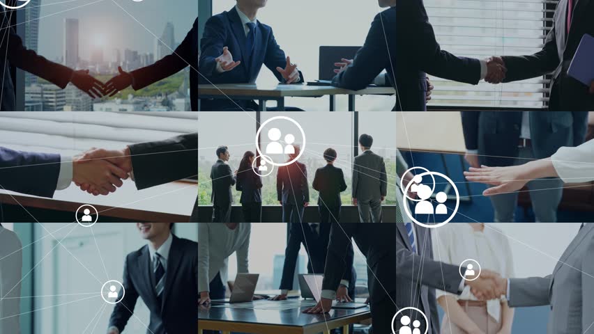 Collage of various business scenes and communication network concept. Multi screen. Scaling transition. Royalty-Free Stock Footage #1099061887