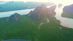 Drone above Phang Nga Bay in golden hour time. mangrove forest and rivers. (Samed Nang Chee), one of the most beautiful attractions in Thailand. Tropical forest and nature concept. Aerial view. 4K
