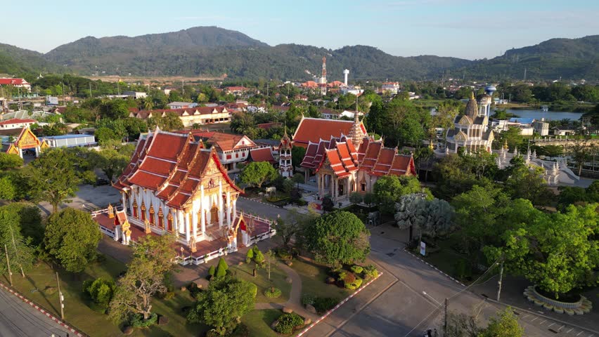 Aerial drone view of Wat Chalong a Thai buddhist temple located in Phuket, Thailand.