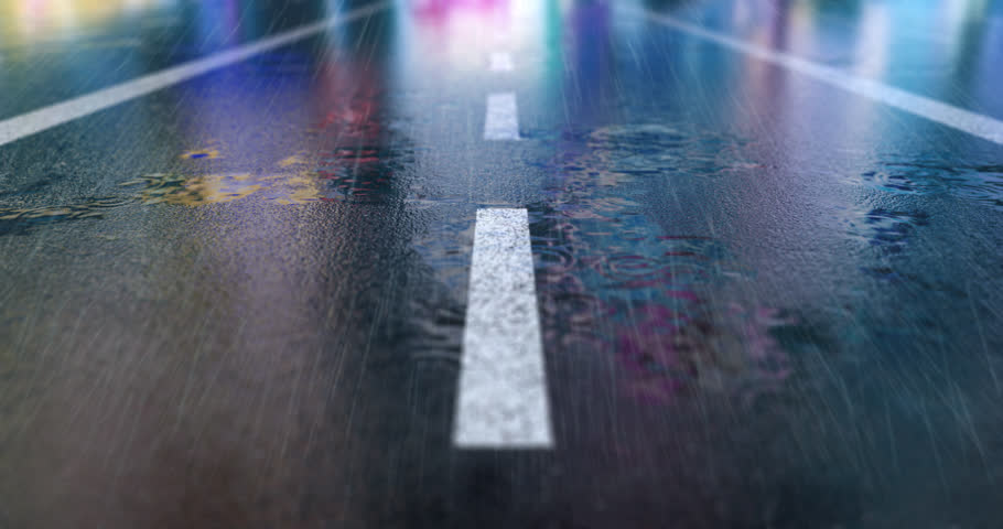 Driving on empty highway in rainy night. Seamless loop animation with reflections of city lights on wet road asphalt. Royalty-Free Stock Footage #1099064159