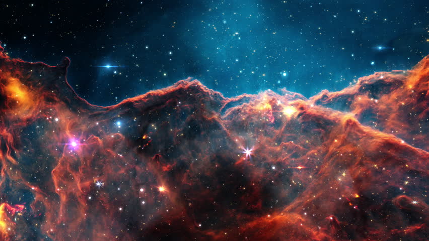 Carina Nebula space travel exploration on deep space. 4K Flight Into A pillar of gas in the Carina Nebula, is bathed in the light of hot, massive stars. 3D animation space flight. Royalty-Free Stock Footage #1099065501