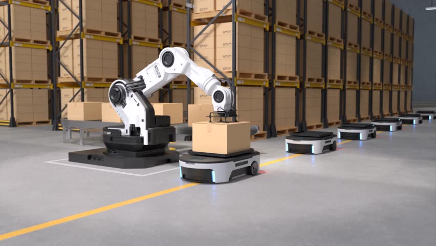 The Robot arm picks up the box to Autonomous Robot transportation in warehouses, Warehouse automation concept Royalty-Free Stock Footage #1099065607