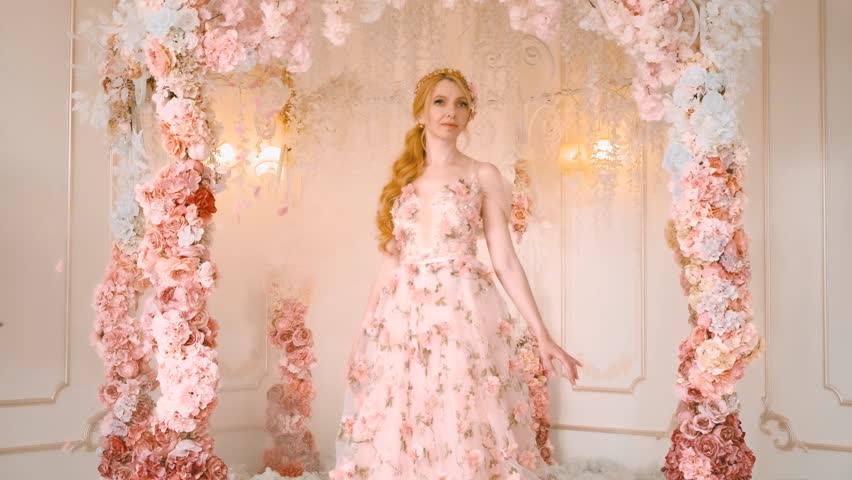 Fantasy portrait happy woman fairy princess, floral long evening luxury dress wreath hairpin in blond hair. Flowers rose petals fall, holiday crackers. Girl bride Wedding day, spring style arch decor Royalty-Free Stock Footage #1099068141