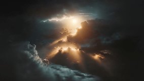 A beautiful flight above dark cloudscape with sun rays coming through the clouds, detailed picturesque view, camera flying to black sky with picturesque sunset clouds, CG animation.