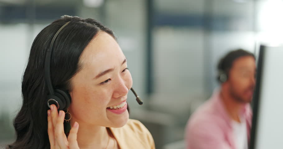 Asian call center woman or high five for success deal with team in customer service, contact us support or crm consulting office. Wow, winner or happy telemarketing consultant with smile and applause | Shutterstock HD Video #1099071205