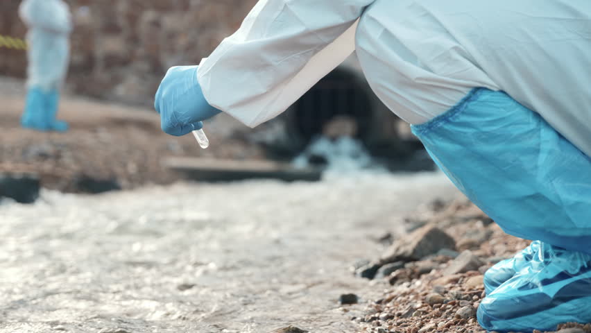 Ecologist sampling water from the river with test tube, Biologist wear protective suit and mask collects sample of waste water from industrial, problem environment, scientist environmentalist