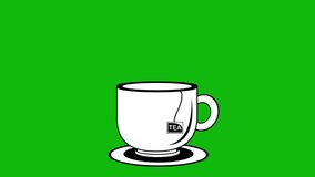 animation of tea cup with steam moving, drawn in black and white. On a green chrome key background