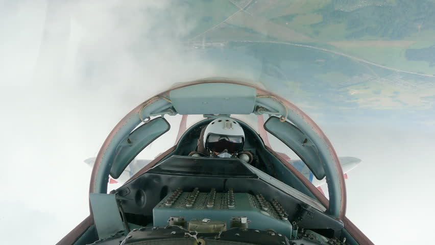 One pilot cockpit cabin control flight military aircraft mig29 airshow. Earth cityscape. Fighter jet fly stunt training. Armed force. Alone fighters plane mig 29 flying trick air show. War pilots jets