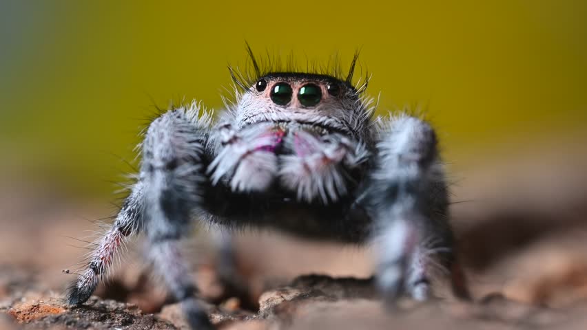 Jumping spider (Phidippus regius) front view, the spider is resting and moving its front limbs (pedipalps).