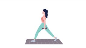 Animated doing dumbbell squat on mat. Body exercise. Full body flat person on white background with alpha channel transparency. Colorful cartoon style HD video footage of character for animation