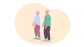 Animated senior couple doing squats. Looped flat 2D character HD video footage. Colorful isolated animation on white background with alpha channel transparency for website, social media