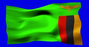 Flag of Zambia realistic waving on blue screen. Seamless loop animation with high quality
